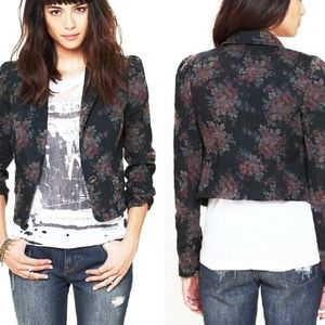 Free People Black Floral Denim Cropped Blazer